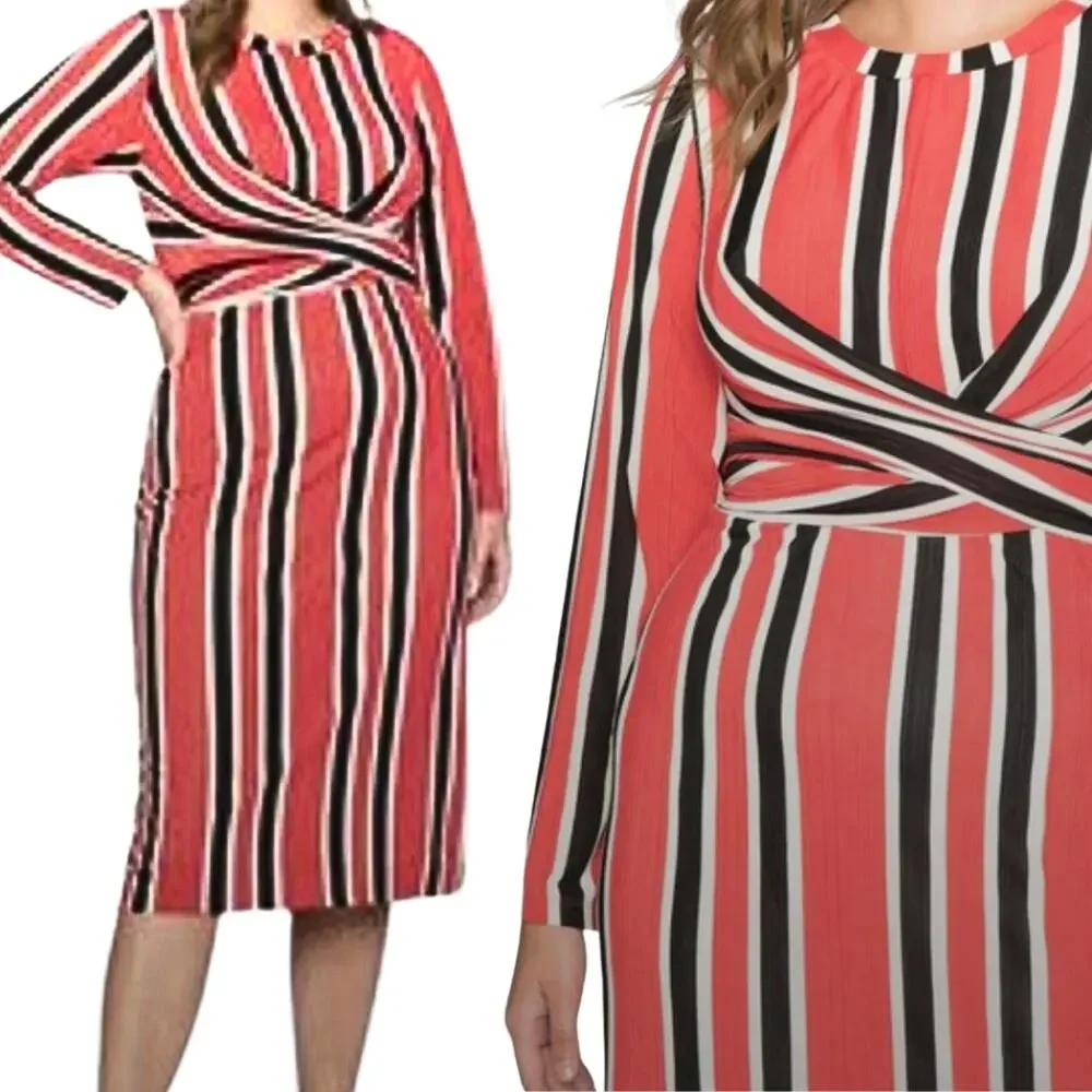 Eloquii Striped Ottoman Tie Back Red Black White Striped Midi Dress Sz 14/16**